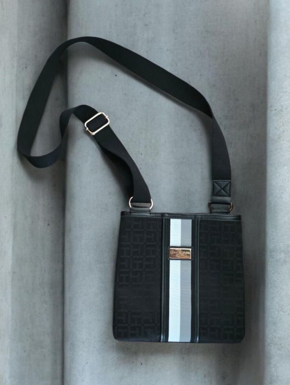 Tommy Hilfiger Messenger Black Monogram Jacquard Canvas Stripe Crossbody Bag